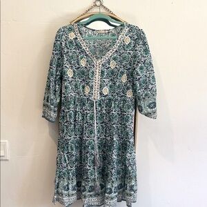 Soft Surroundings Teal and Cream Patterned Dress